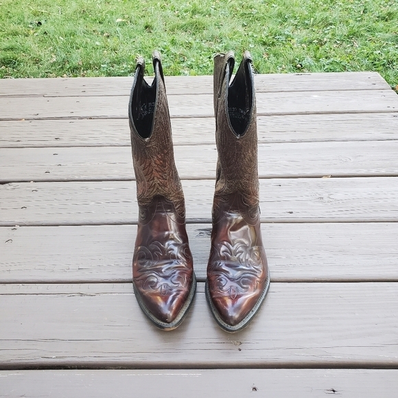 Vintage 80s Laredo Distressed Brown Leather Western Cowboy Motorcycle Work Boots - Picture 2 of 8